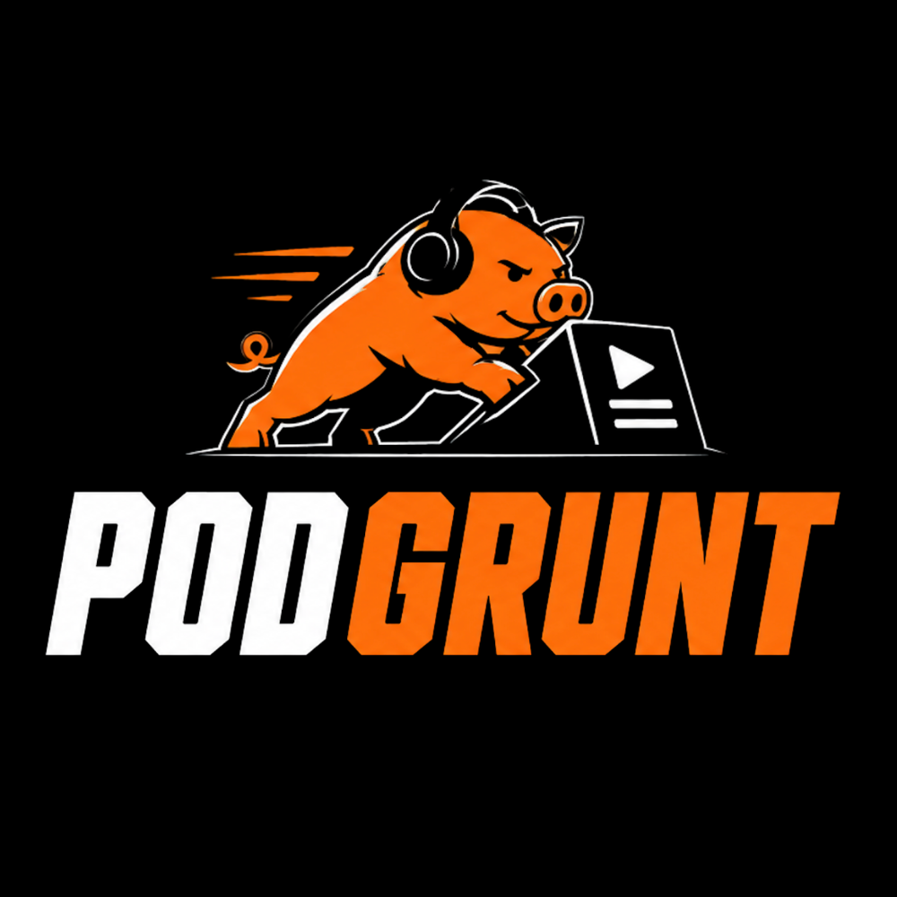 PodGrunt — an orange hog in headphones above the PODGRUNT wordmark